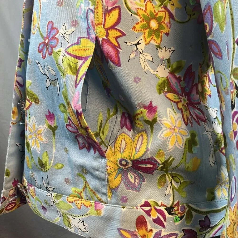 REDD Jeans Jacket Women's Sz 8 Blue Floral Iridescent Sequins Y2K Vtg Colorful A